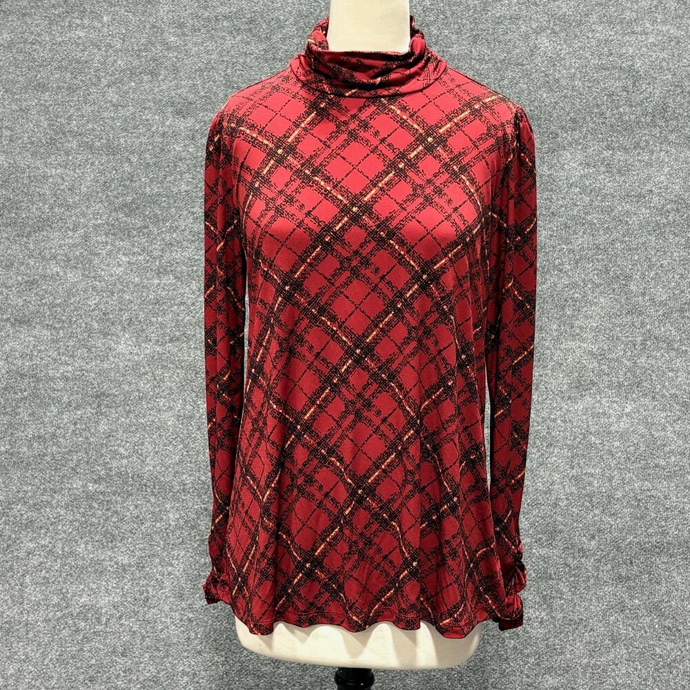 Susan Graver Shirt Womens Medium Red Plaid Mock Neck Tunic Long Sleeve Stretch
